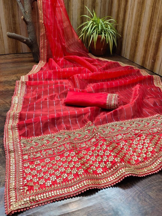 Phenomenal Red Color Coding Sequence Work Organza Casual Wear Saree Blouse