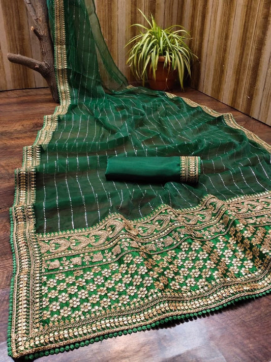 Classic Green Color Organza Design Embroidered Coding Work Saree Blouse