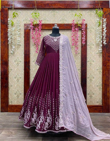 Dazzling Wine Color Sequence Embroidered Work Georgette Salwar Suit