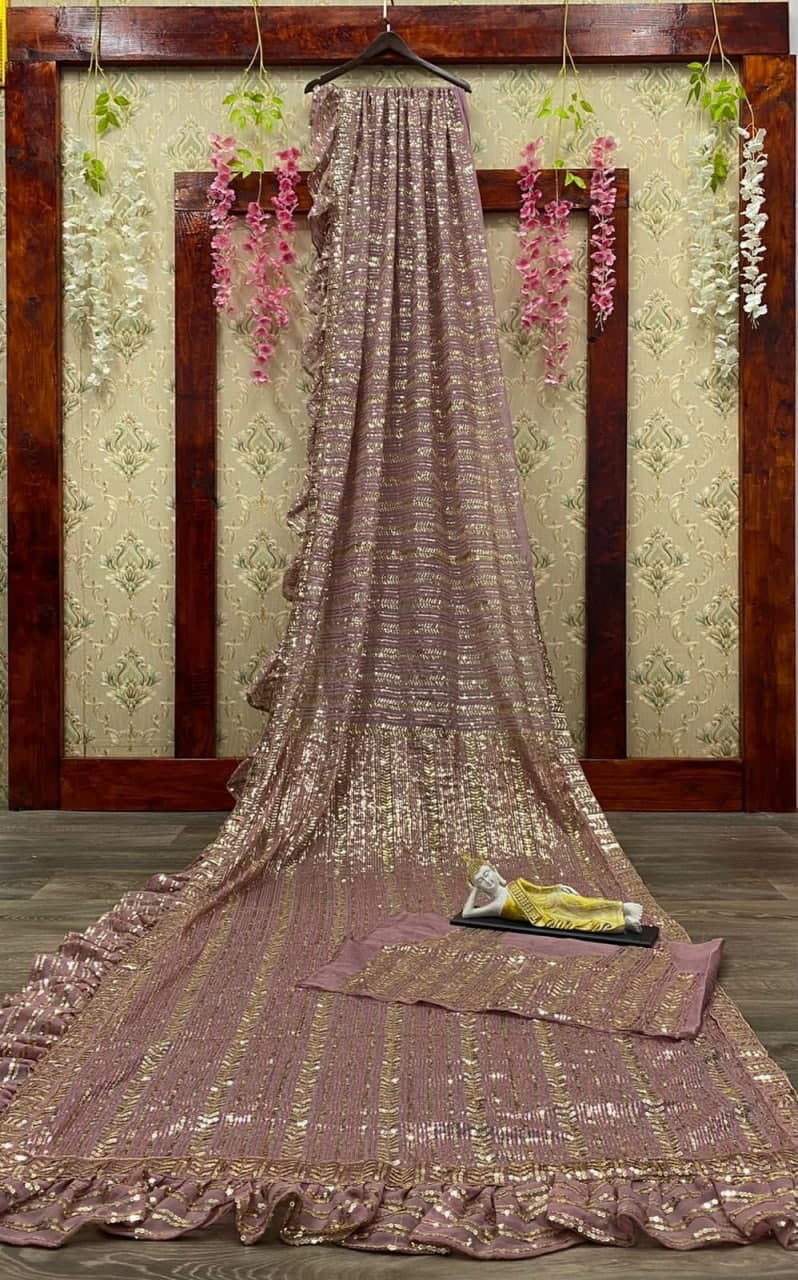 Beautiful Purple Color Sequence Work Georgette Party Wear Saree Blouse