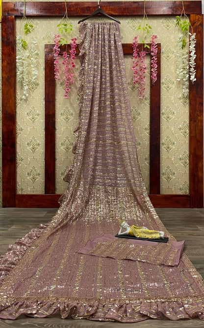 Beautiful Purple Color Sequence Work Georgette Party Wear Saree Blouse