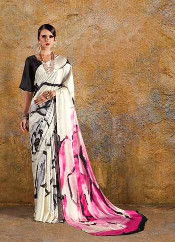 Off White Color Fancy Printed Satin Soft Silk Japan Crape Designer Saree Blouse