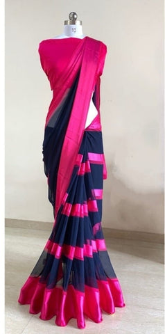 Rani Pink Color Party Wear Soft Satin Patta Printed Digital Design All Over Designer Saree Blouse