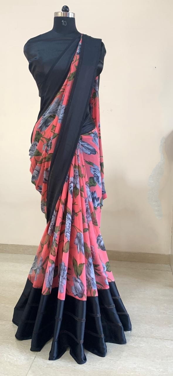 Light Pink Color All Over Satin Patta Digital Printed Designer Saree Blouse
