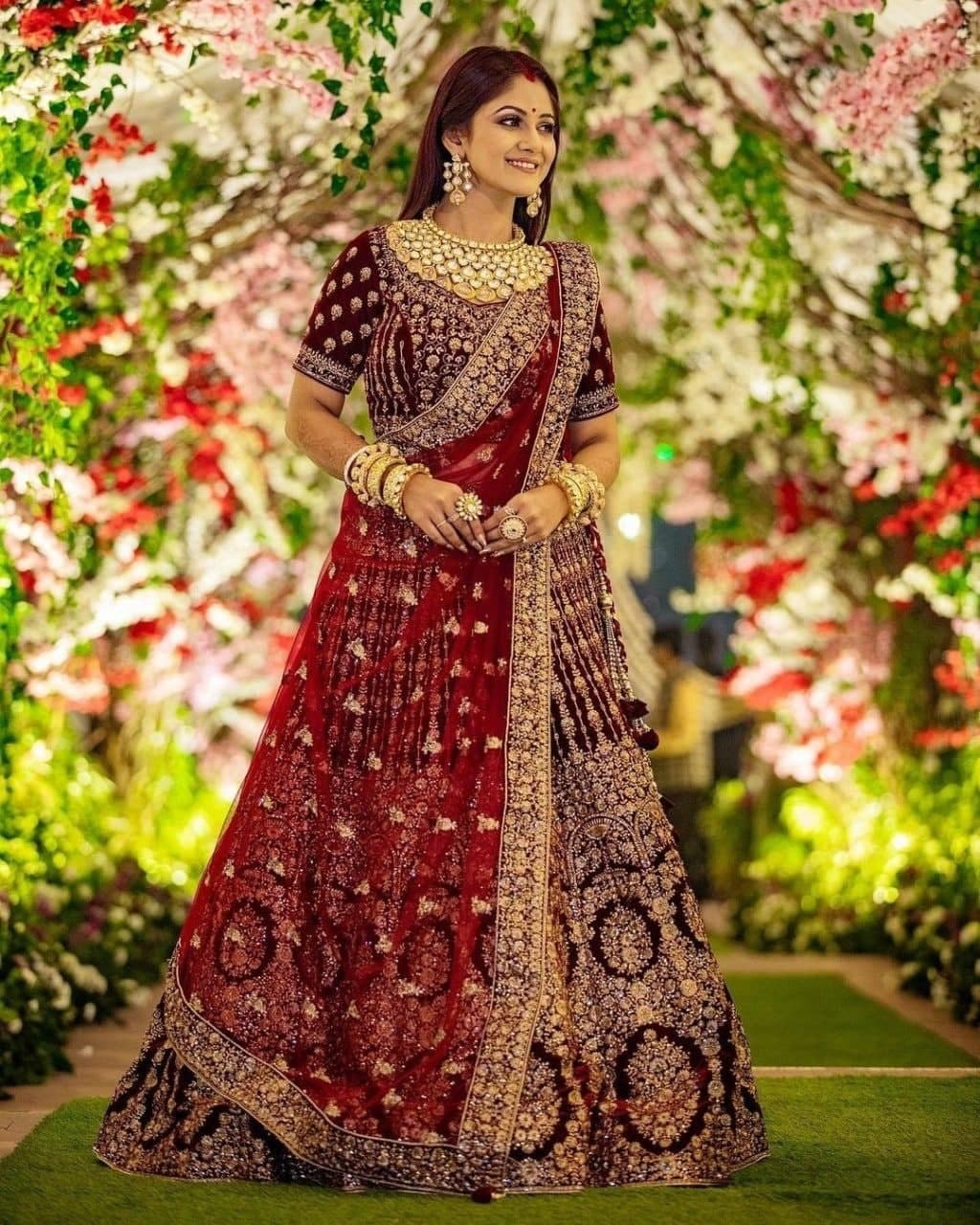 Gorgeous Maroon Color Wedding Wear Velvet Embroidered Work Lehnega Choli