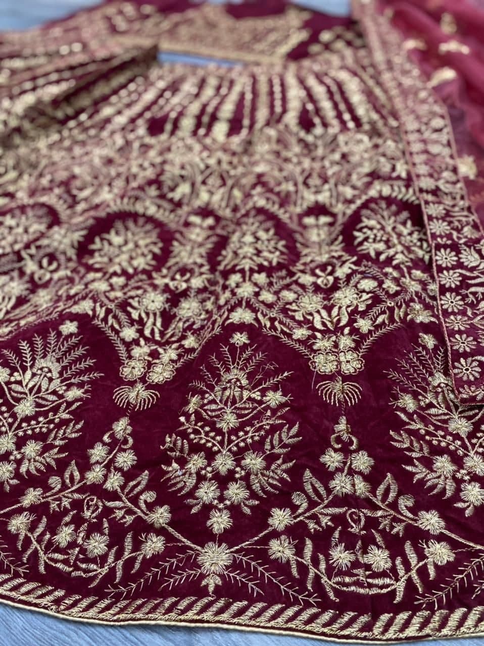 Gorgeous Maroon Color Wedding Wear Velvet Embroidered Work Lehnega Choli