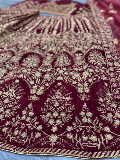 Gorgeous Maroon Color Wedding Wear Velvet Embroidered Work Lehnega Choli