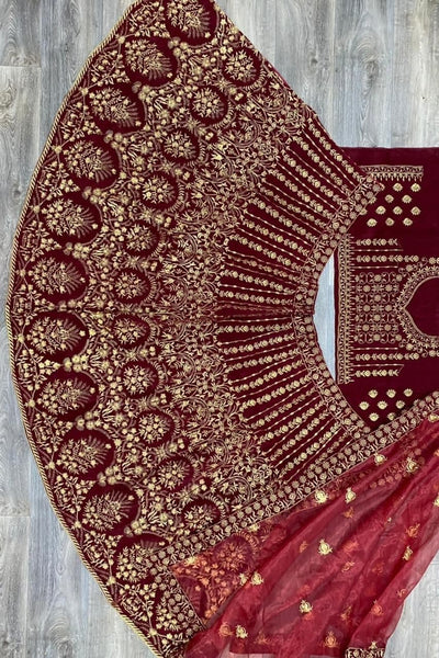 Gorgeous Maroon Color Wedding Wear Velvet Embroidered Work Lehnega Choli