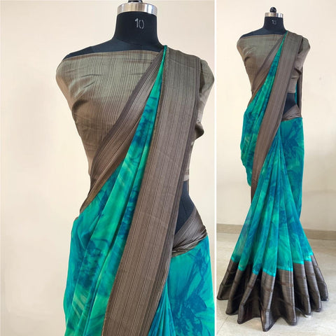 Rama Blue Color Occasion Wear Digital Printed All Over Soft Satin Patta Designer Saree Blouse