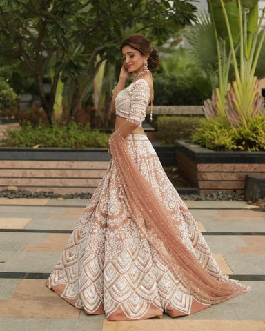Awesome Cream Color Festive Wear Taffeta Silk Embroidered Work Lehenga Choli