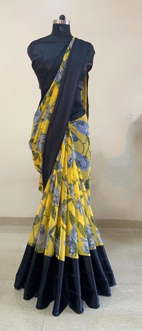 Yellow Color All Over Digital Printed Satin Soft Patta Designer Saree Blouse