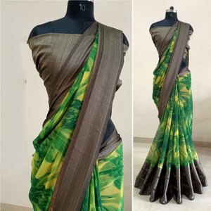 Green Color Fancy Satin Soft Patta All Over Digital Printed Party Wear Designer Saree Blouse