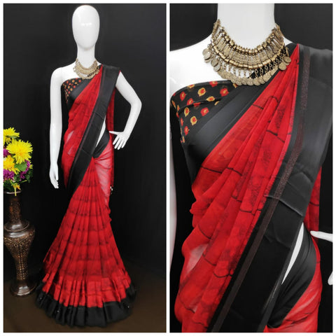 Red Color All Over Designer Digital Printed Soft Satin Patta Design Designer Saree Blouse