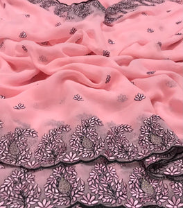 Light Pink Color Wedding Wear Georgette Embroidered Border Cut Work Designer Saree Blouse