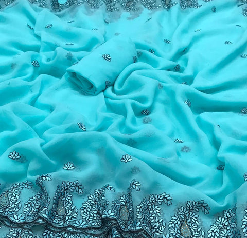 Sky Blue Color Occasion Wear Georgette Embroidered Cut Work Border Designer Saree Blouse