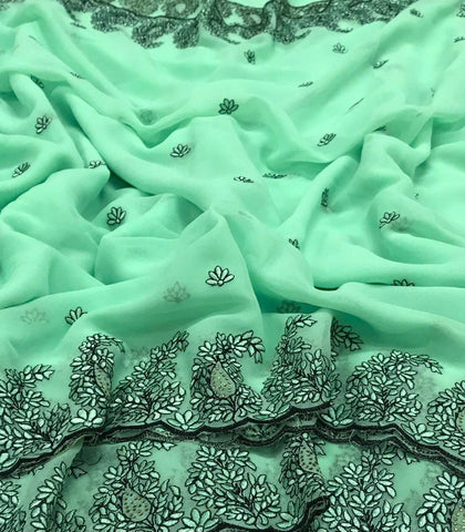 Sea Green Color Georgette Embroidered Cut Work Border Designer Saree Blouse