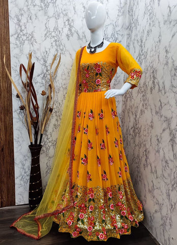 Winsome Mustard Color Georgette Sequence Work Salwar Suit For Women