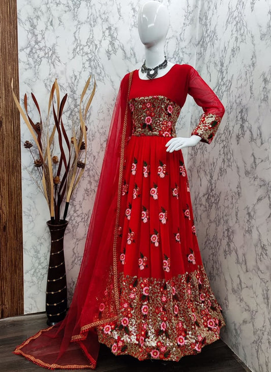 Marvelous Red Color Embroidered Work Georgette Party Wear Salwar Suit