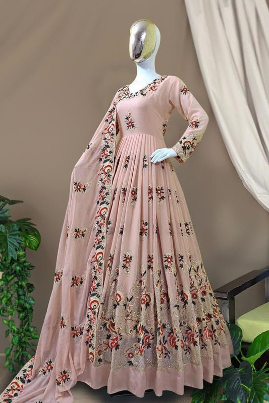 Dazzling Peach Color Party Wear Georgette Embroidered Work Salwar Suit