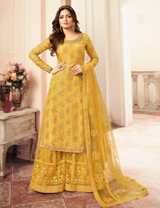 Mustard Color Festive Wear Jacquard Silk Embroidered Work Designer Plazo Salwar Suit