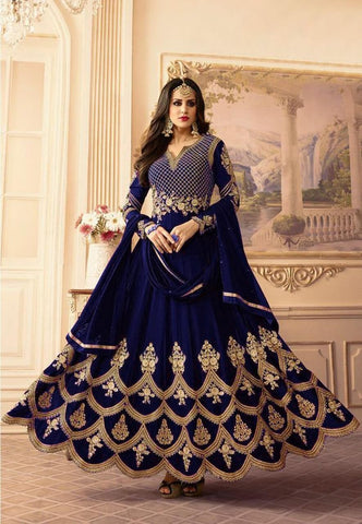 Alluring Navy Blue Color Wedding Wear Georgette Embroidered Work Gown Dupatta
