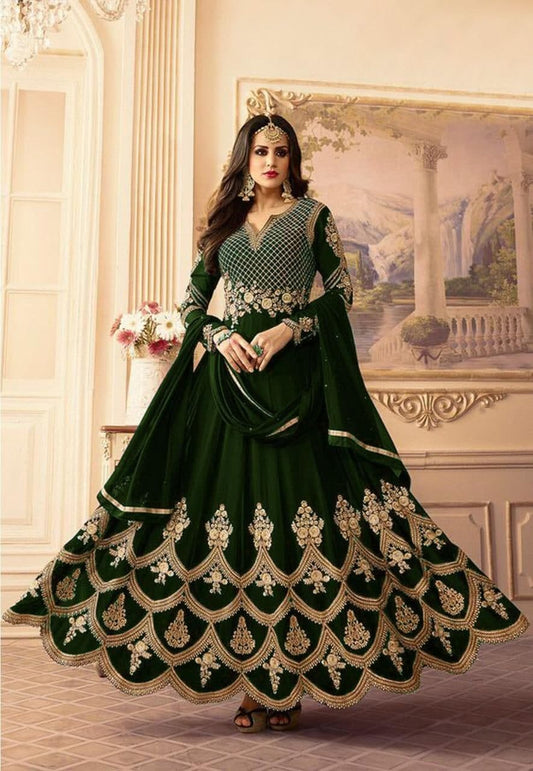 Novelty Bottle Green Color Georgette Embroidered Work Dupatta Gown
