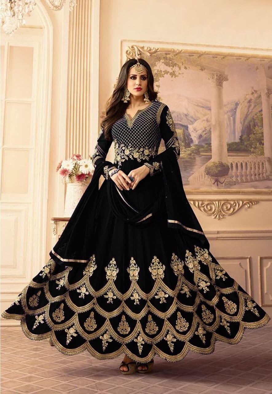 Lovable Black Color Embroidered Work Georgette Gown Dupatta For ladies