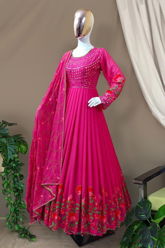 Staggering Rani Pink Color Georgette Embroidered Design Work Salwar Suit