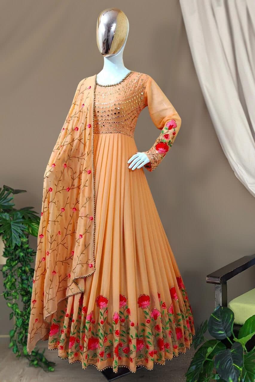 Dismaying Peach Color Georgette Embroidered Work Salwar Suit For Ladies