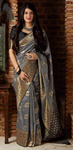 Grey Color Occasion Wear Crystal Designer Silk Fancy Printed Designer Saree Blouse