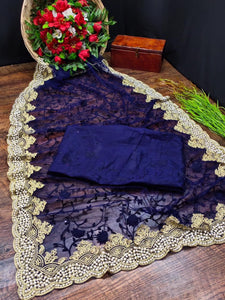 Charming Dark Blue Color Festival Wear Net Embroidered Stone Work Saree Blouse