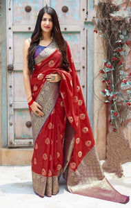 Red Color Party Wear Silk Crystal Printed Designer Saree Blouse