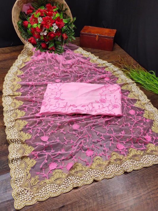 Blooming Pink Color Party Wear Net Diamond Stone Work Saree Blouse For Ladies