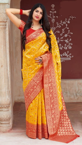 Yellow Color Party Wear Silk Printed Crystal Design Soft Designer Saree Blouse