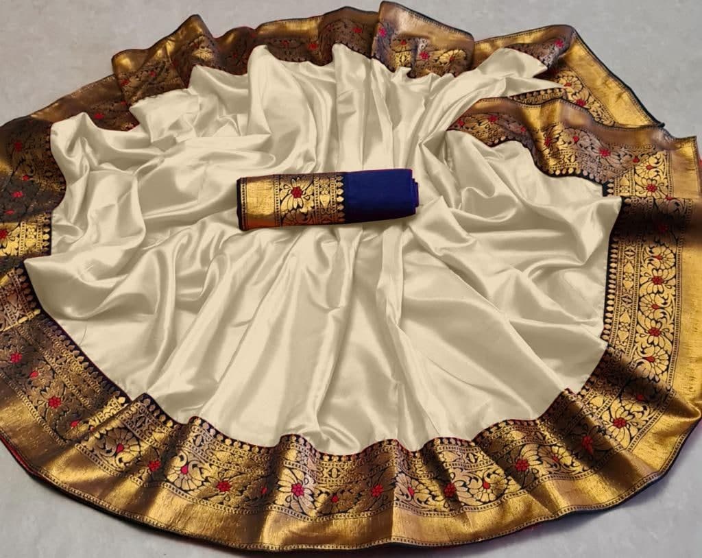 Thrilling White Color Jacquard Border Paper Silk Design Saree Blouse