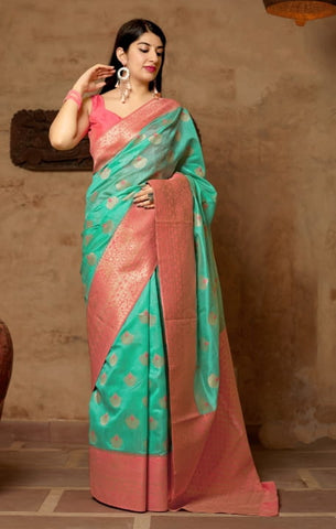 Sea Green Color Festive Wear Fancy Printed Crystal Silk Designer Saree Blouse