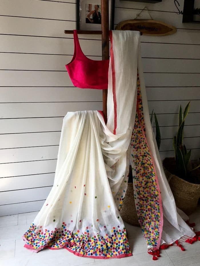 Starling White Color Chanderi Cotton Printed Festive Wear Saree Blouse