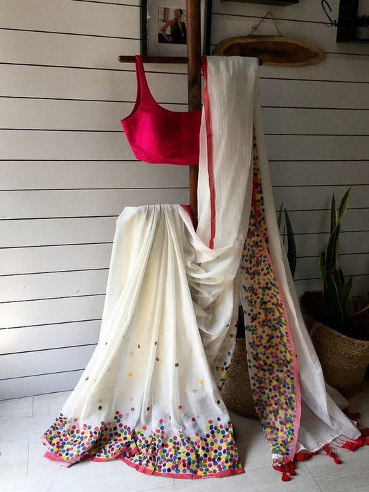 Starling White Color Chanderi Cotton Printed Festive Wear Saree Blouse