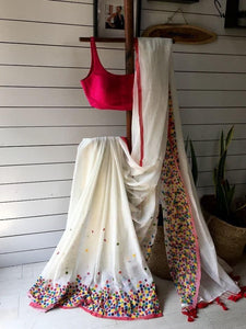 Starling White Color Chanderi Cotton Printed Festive Wear Saree Blouse