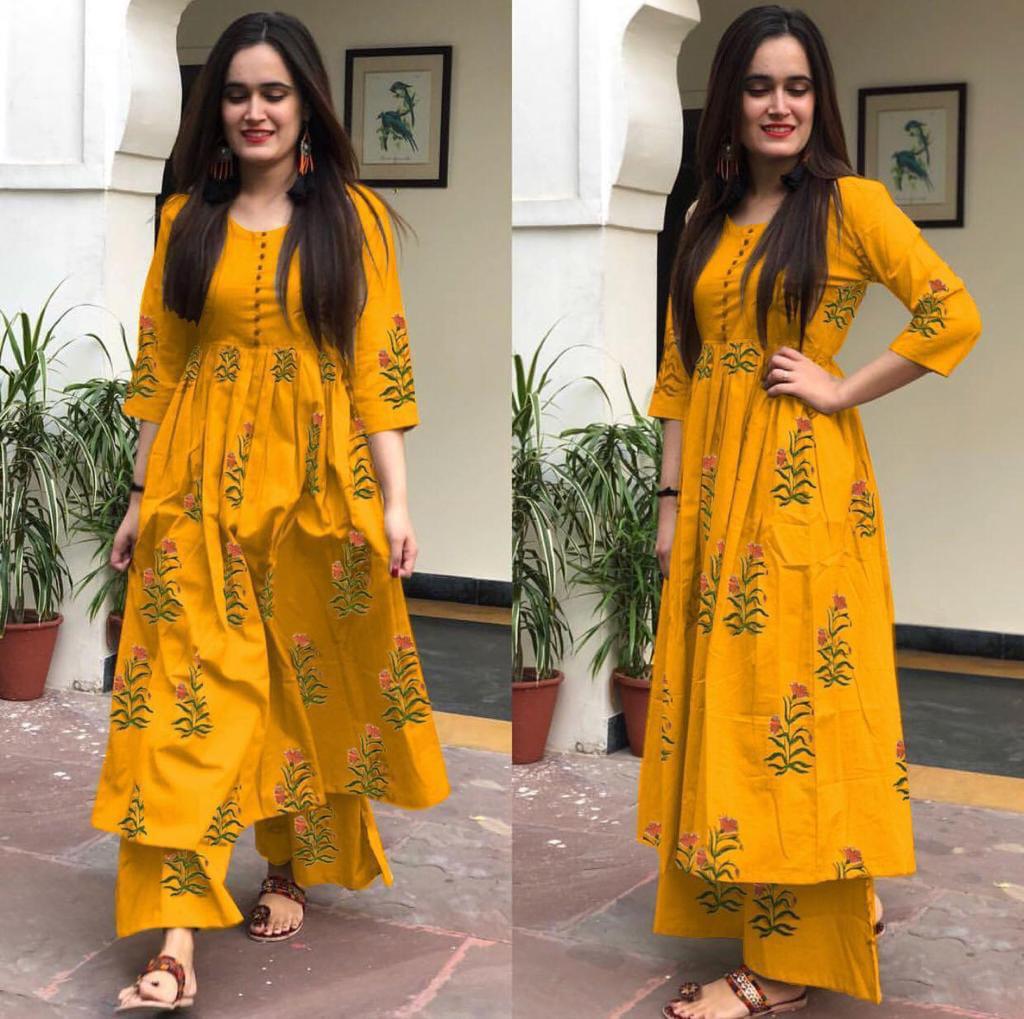 Mustard Color Ready Made Cotton Camric Fancy Printed Plazo Kurti