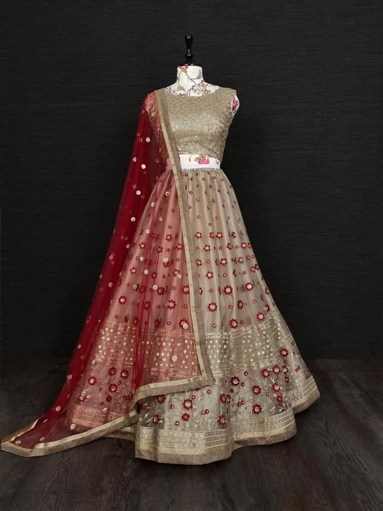 Awesome Cream Color Bridal Wear Net Embroidered Designer Work Lehenga Choli