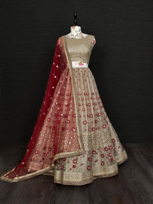 Awesome Cream Color Bridal Wear Net Embroidered Designer Work Lehenga Choli