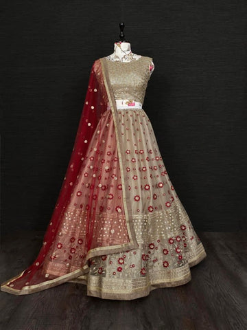 Awesome Cream Color Bridal Wear Net Embroidered Designer Work Lehenga Choli