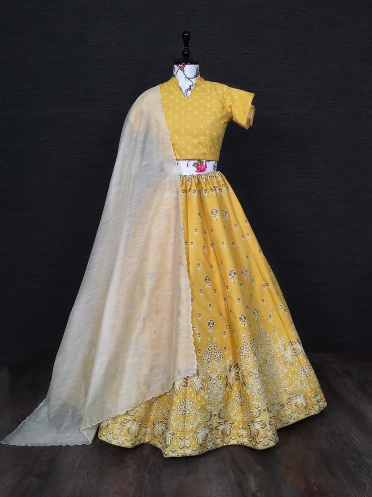 Graceful Yellow Color Festival Wear Zari Foil Work Art Silk Lehenga Choli