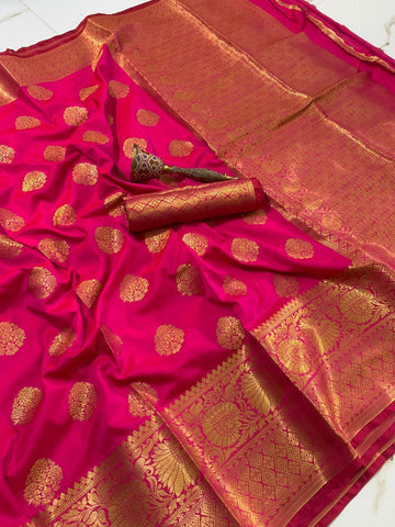 Rani Pink Color Party Wear Zari Weaving Rich Pallu Banarasi Silk Soft Designer Saree Blouse