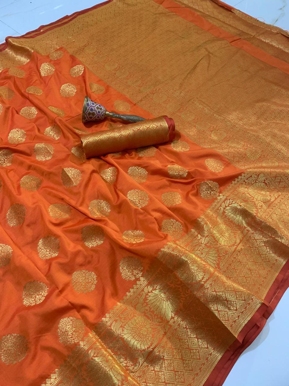 Orange Color Rich Pallu Banarasi Soft Silk Weaving Zari Work Designer Saree Blouse