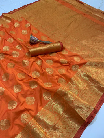 Orange Color Rich Pallu Banarasi Soft Silk Weaving Zari Work Designer Saree Blouse