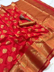 Red Color Occasion Wear Soft Silk Zari Weaving Work Banarasi Designer Saree Blouse
