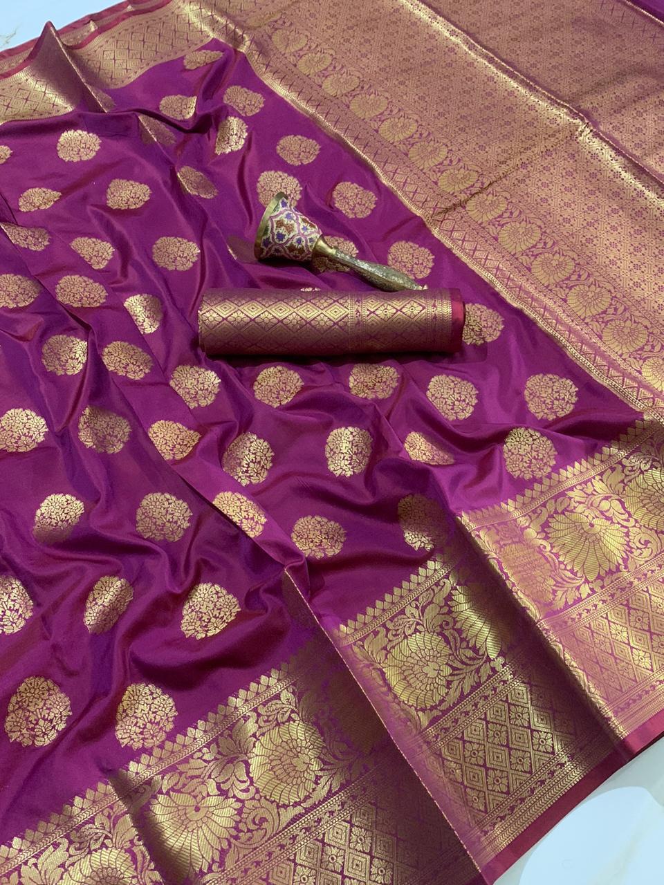 Wine Color Banarasi Soft Silk Zari Weaving Border Party Wear Designer Saree Blouse Design