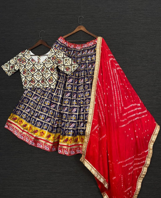 Exclusive Navy Blue Color Patola Jacquard Work Lehenga Choli For Wedding Wear